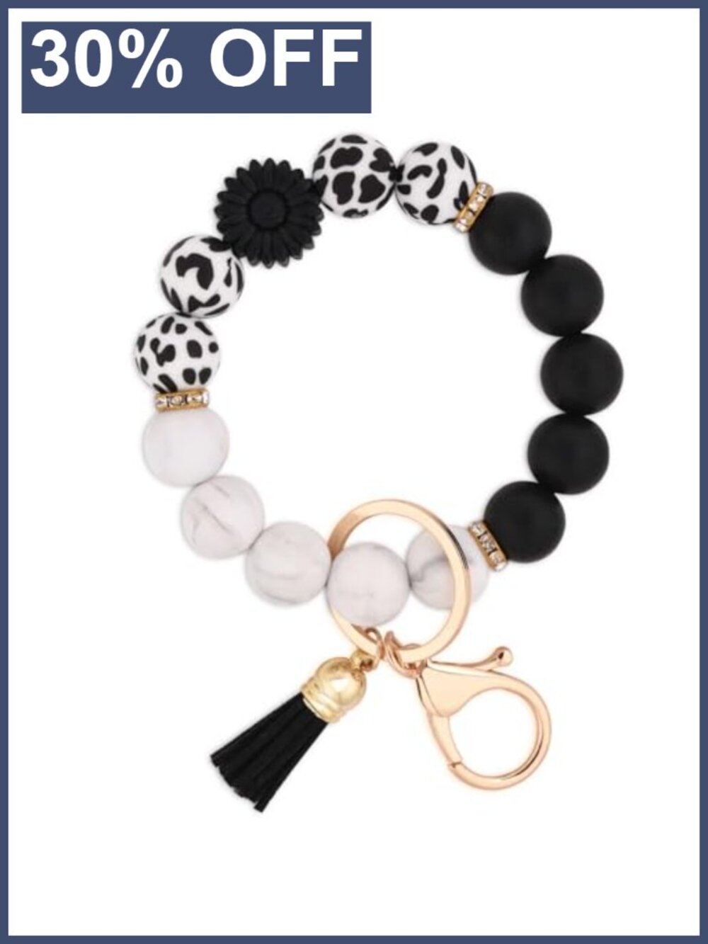 Silicone Beaded Keychain Wristlet Bracelet with Tassel, Gold Plated Keyring